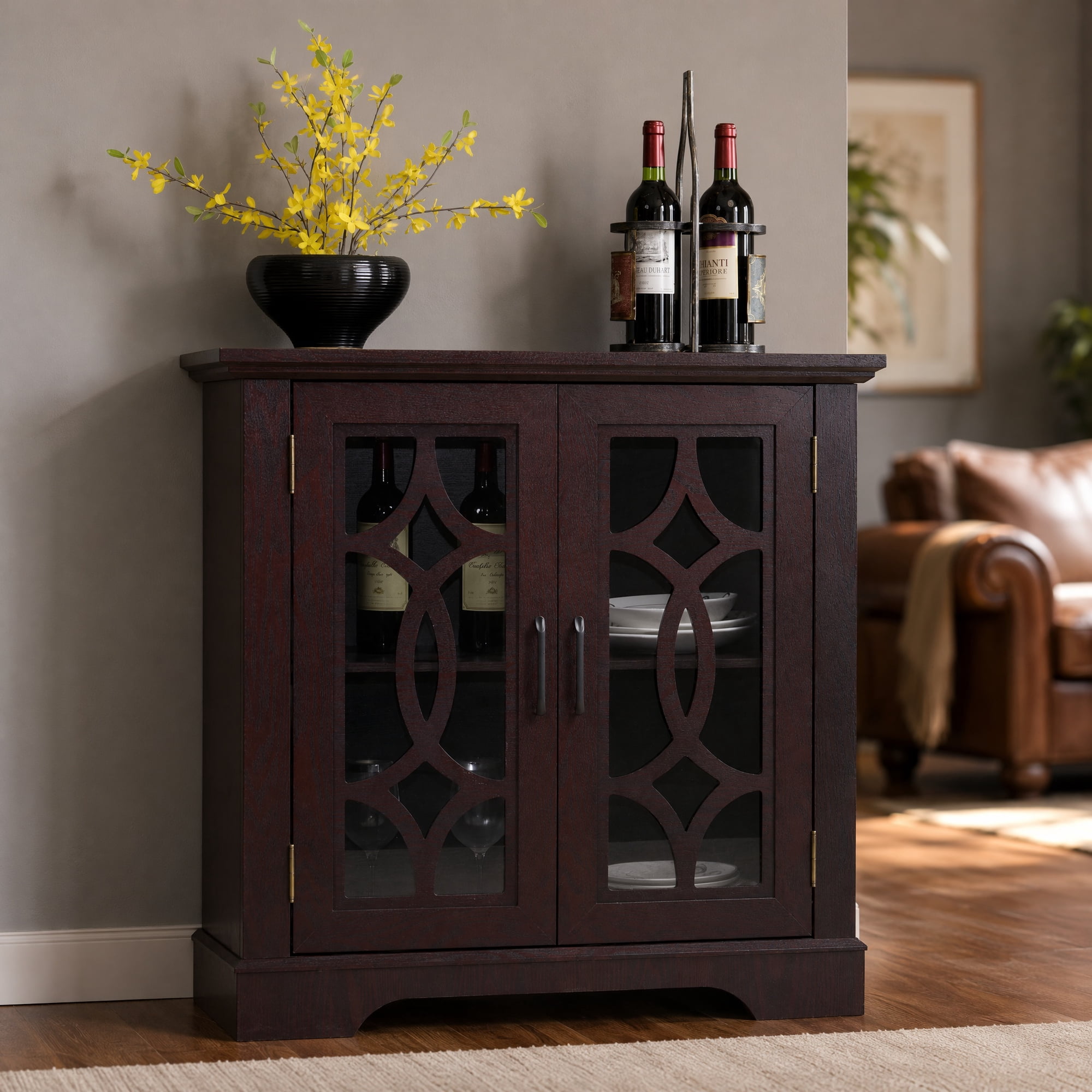 UZUGUL 2-Door Cherry Glass Sideboard, Diamond Pattern, Adjustable Shelves, Anti-Tip, for Small Space Dining