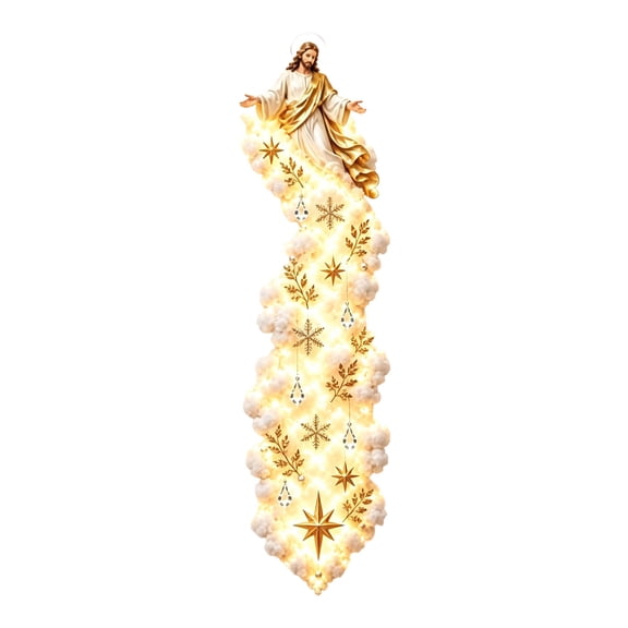 Lighted Jesus Christmas Hanging Garland, 23.6in Religious Nativity Wall Decor with Warm LED Snowflakes, Gold Stars and Clouds, Holiday Door Decoration