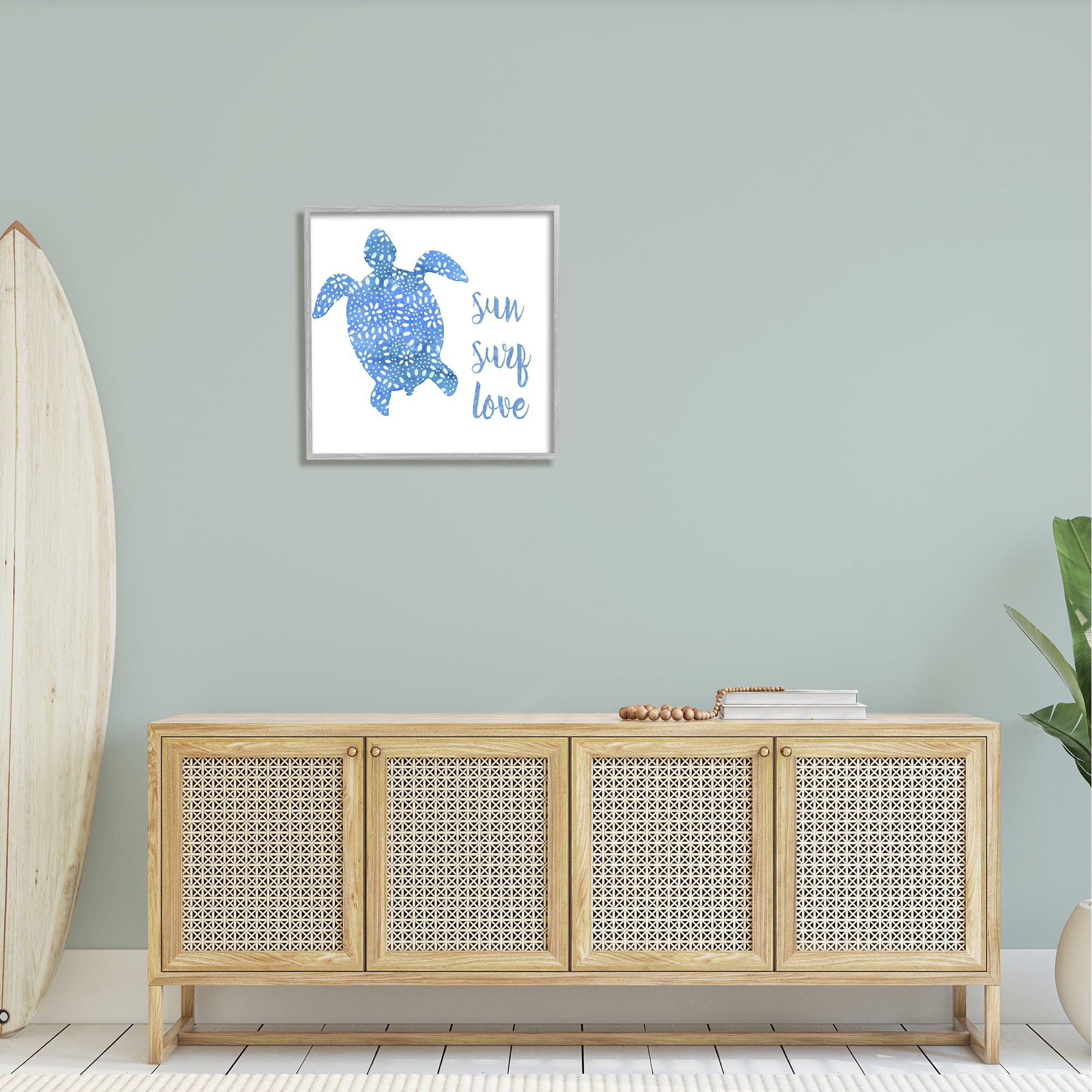 Stupell Industries Patterned Blue Sea Turtle Beach Phrase Calligraphy Painting Gray Framed Art Print Wall Art, Design by Jackie Decker