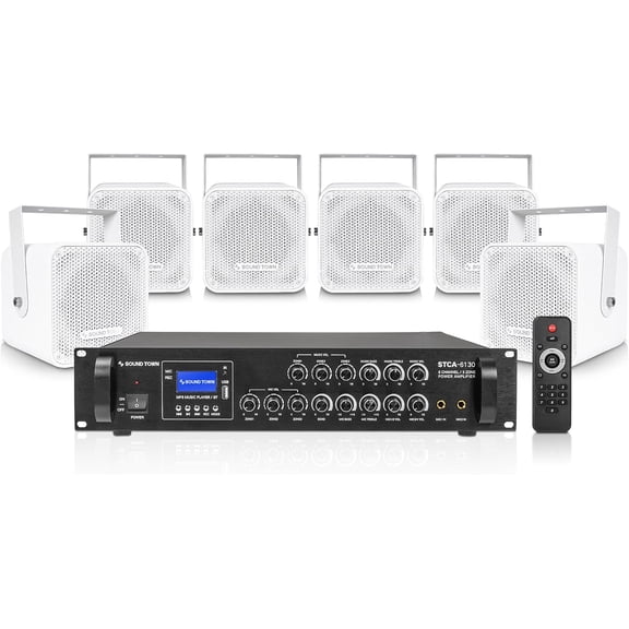 Sound Town Commercial Sound System Set with 3-Zone Low-Impedance Bluetooth Amplifier, 6 x 5 Coaxial Wall-Mount Speakers for Indoor Installation, White (STCA6130X6CM5W)