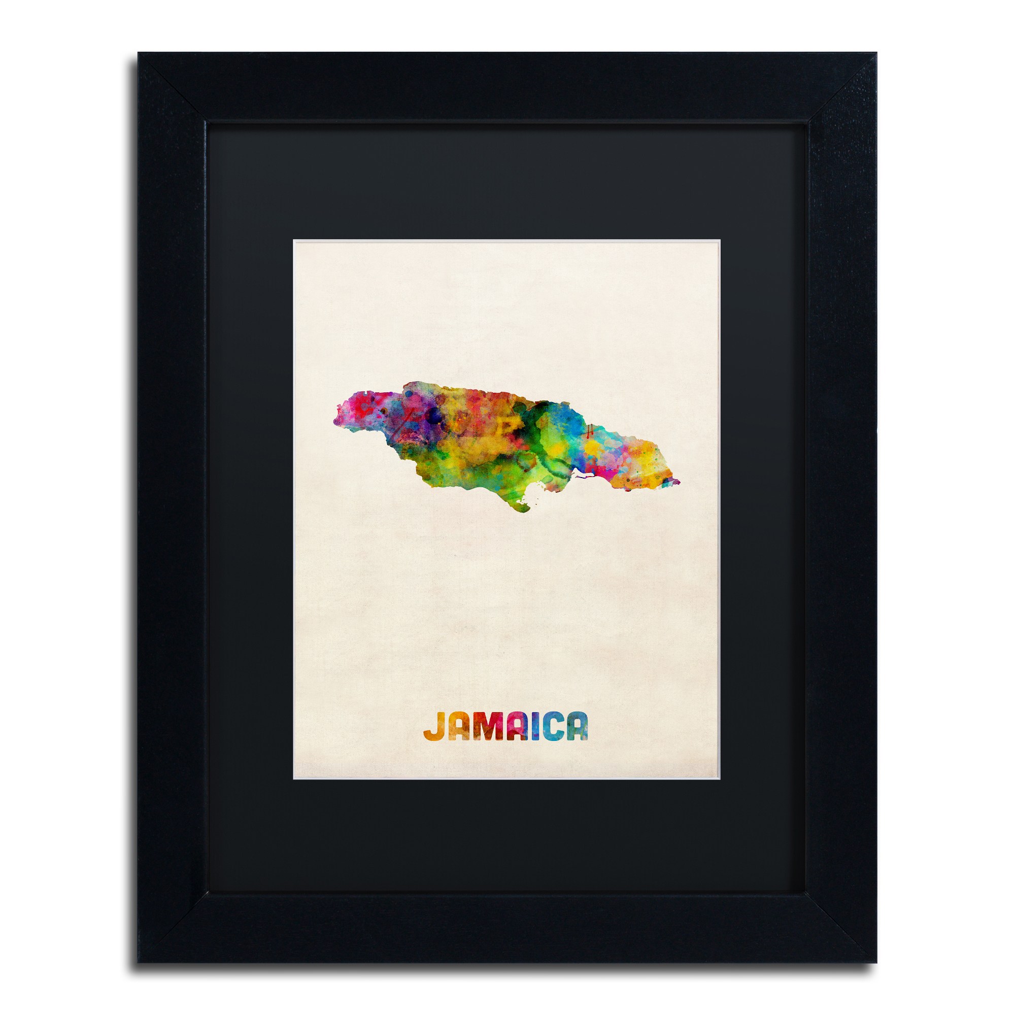 Trademark Fine Art "Jamaica Watercolor Map" Canvas Art by Michael Tompsett Black Matte, Black Frame