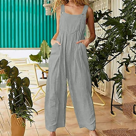 

Dasayo Gray Women Rompers and Jumpsuits Womens Fashion Ethnic Style Solid Buttons Pocket Suspender Jumpsuit