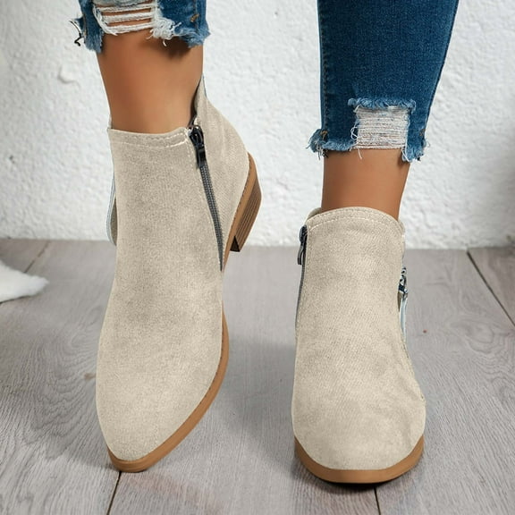 JUSLIO Winter Boots for Women Chunky Heel Boots Pointed Toe Mid Calf Boots Martin Solid Color Zipper Womens Boots