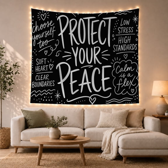 Protect Your Peace Lettering on Black Background, Inspirational Illustration for Mindfulness Fans, Chalkboard Style Wall Art, Back to School Gift, Tapestry Wall Hanging for Bedroom and Dorm