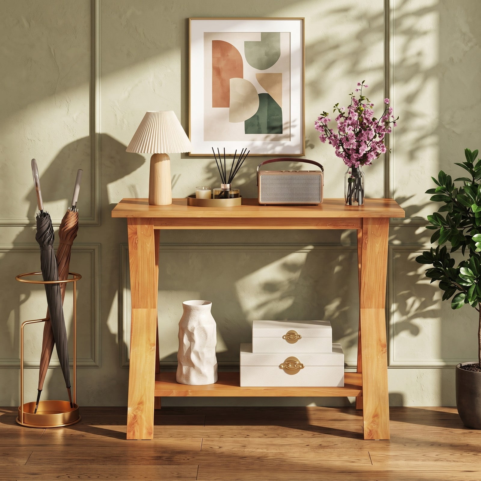 Furnibear 35 Inch Solid Teak Wood Console Table with Open Storage Shelf and X-Shaped Legs for Entryway and Living Room, Natural