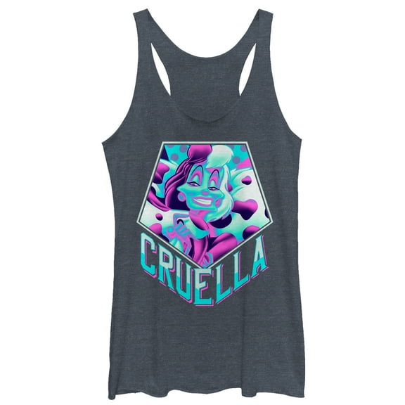 Women's One Hundred and One Dalmatians 90's Cruella  Racerback Tank Top Navy Blue Heather X Small