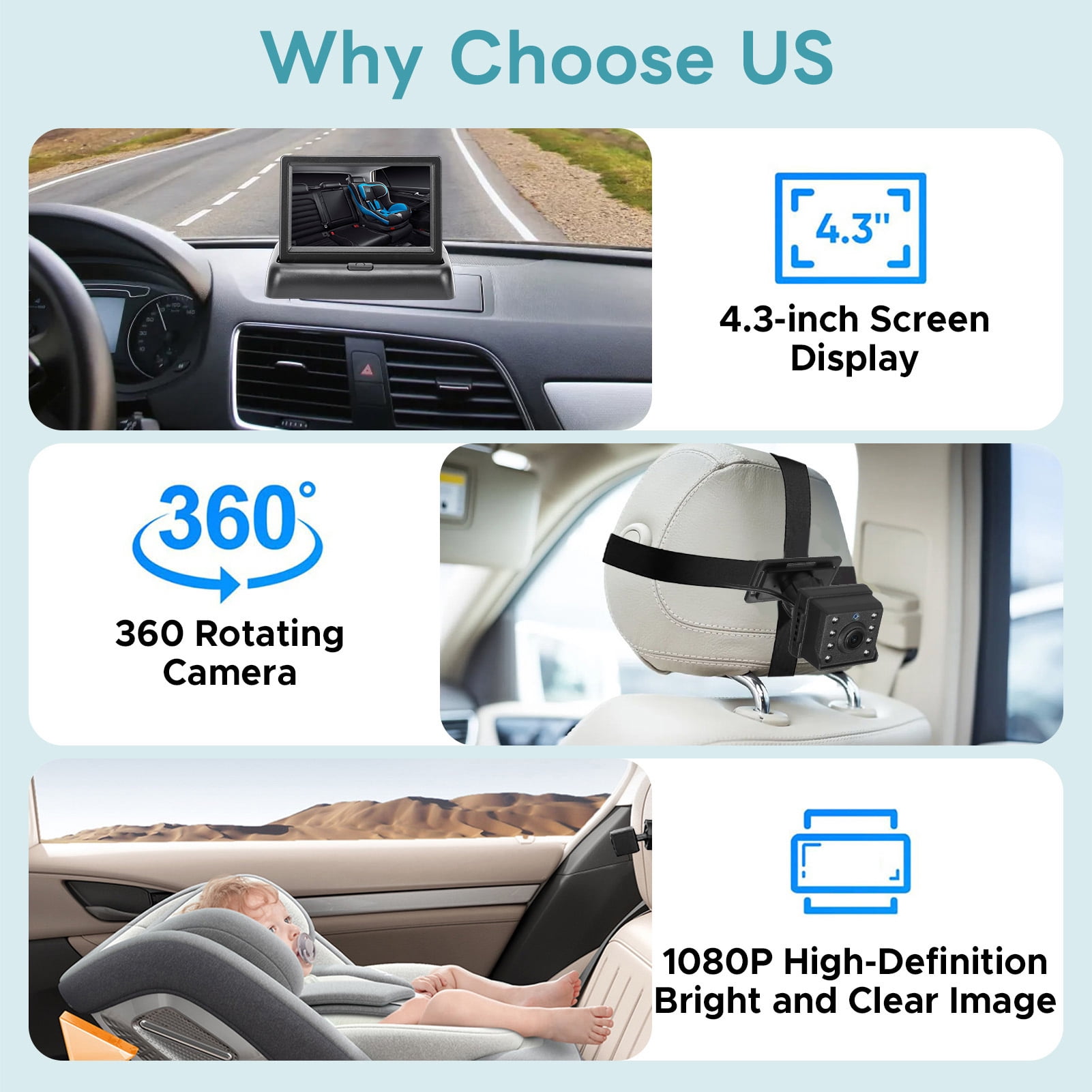 Baby Car Camera Monitor Backseat 1080P Car Baby Camera with 4.3 Inch Foldable Screen Night Visible 150° Wide View Angle for Backseat Monitoring