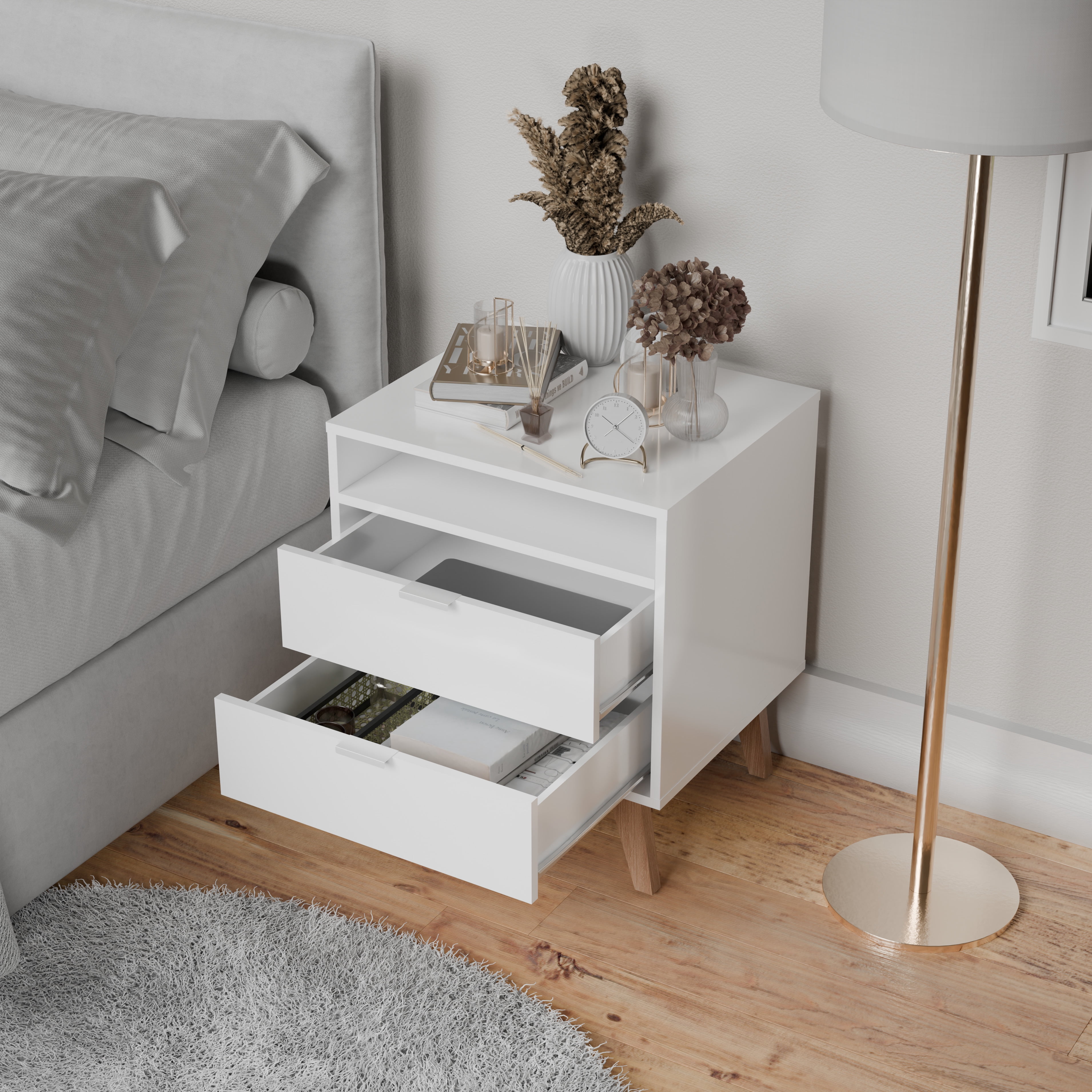 Kappesberg Hanford 2-Drawer Nightstand with Open Shelf, White & Light Brown - for Adults and Teens