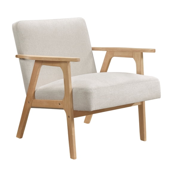 Accent Chair, Solid Rubberwood Frame with Natural Finish, Beige Textured Fabric Upholstery, Contemporary Cushioned Seat, 27" x 29" x 29"H, for Living Room, Bedroom or Office