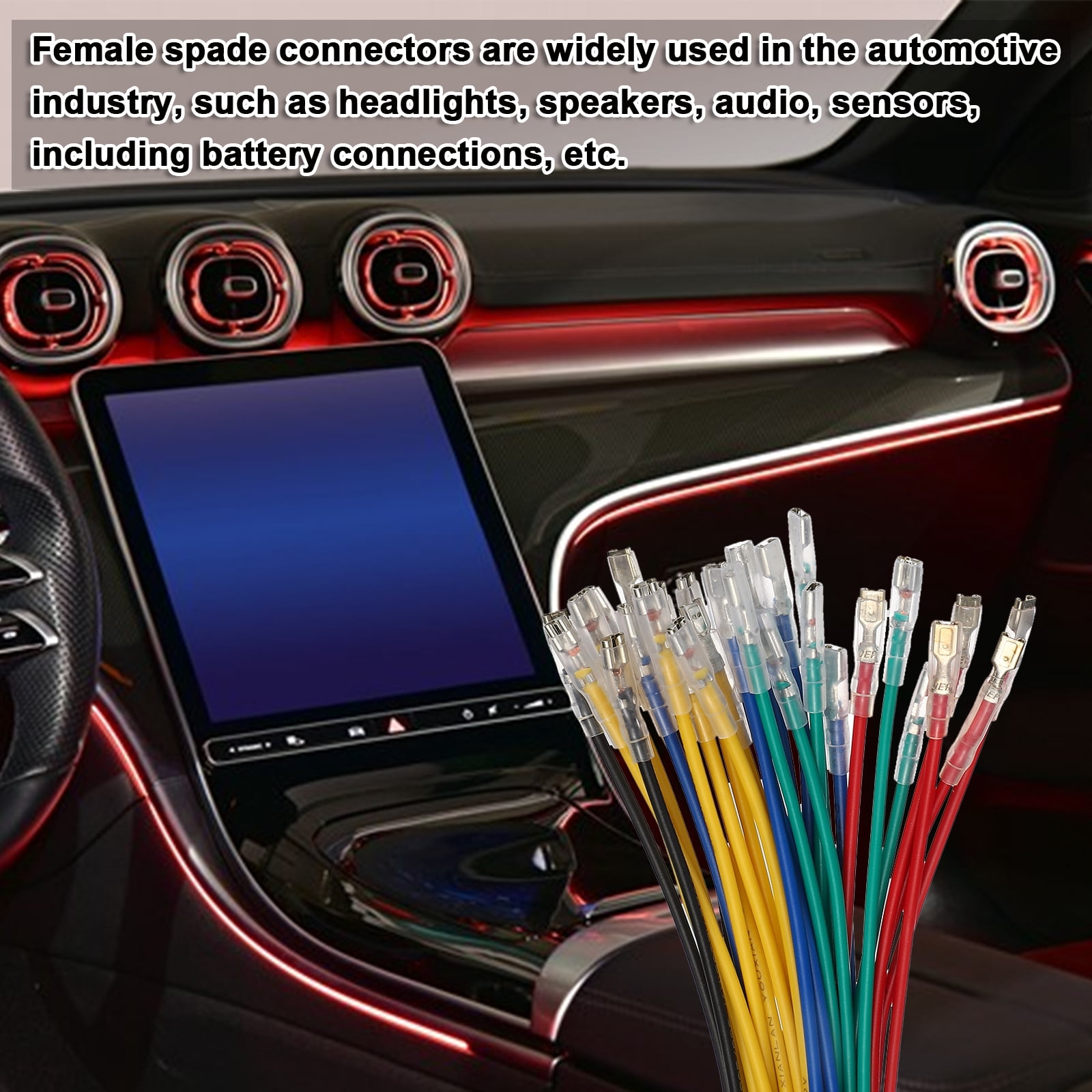 60 Pack Female Spade Crimp Terminal with Insulating Sleeve 6.3mm, Female Spade Quick Connector Assortment Kit with 20cm Wires, Flame Retardant Cover, Yellow
