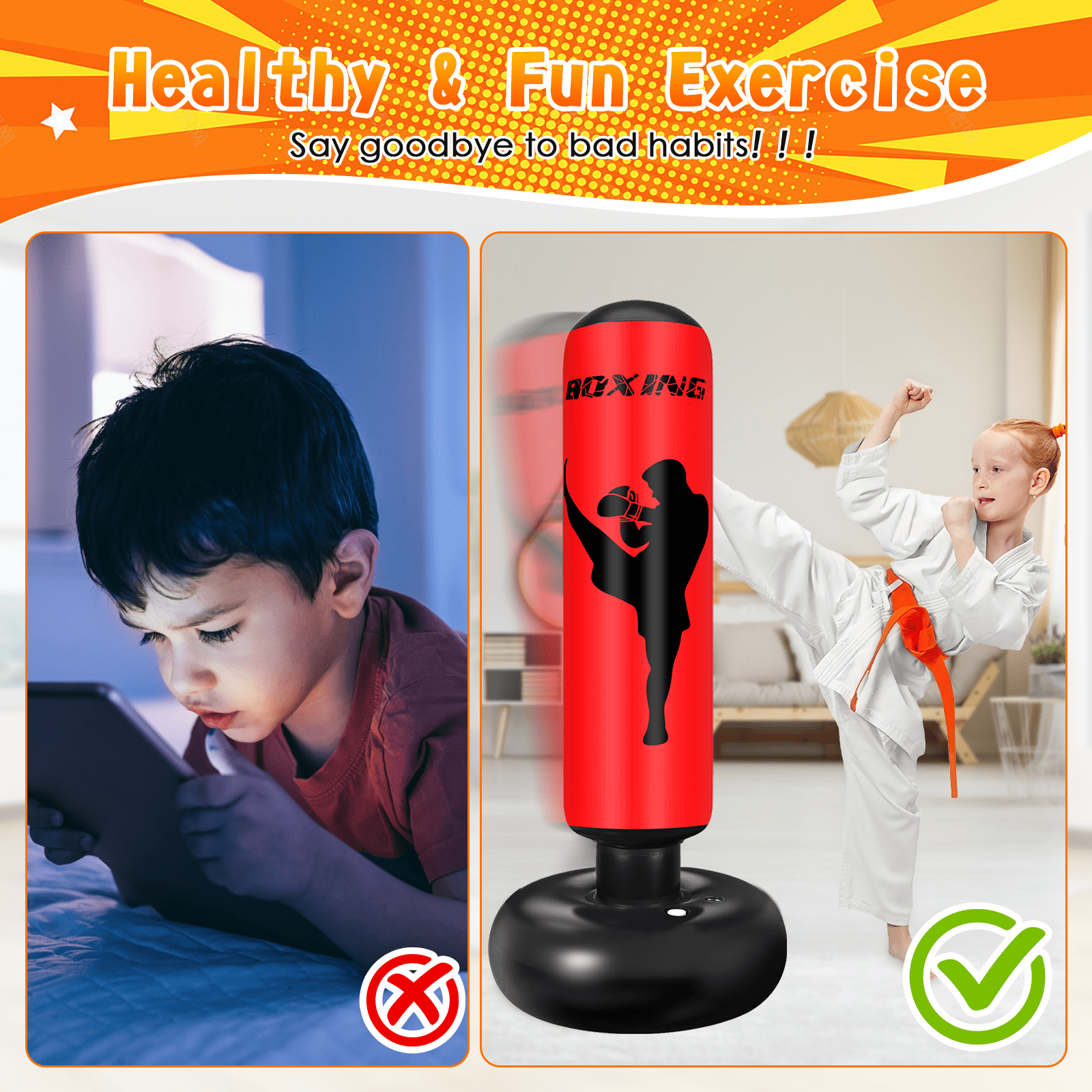 Fohil Punching Bag for Kids Adults, 63 inch Freestanding Heavy Boxing Bag with Boxing Gloves and Pump, Punching Bag Set Toy, for Practicing Karate, Taekwondo, De-Stress, Gifts