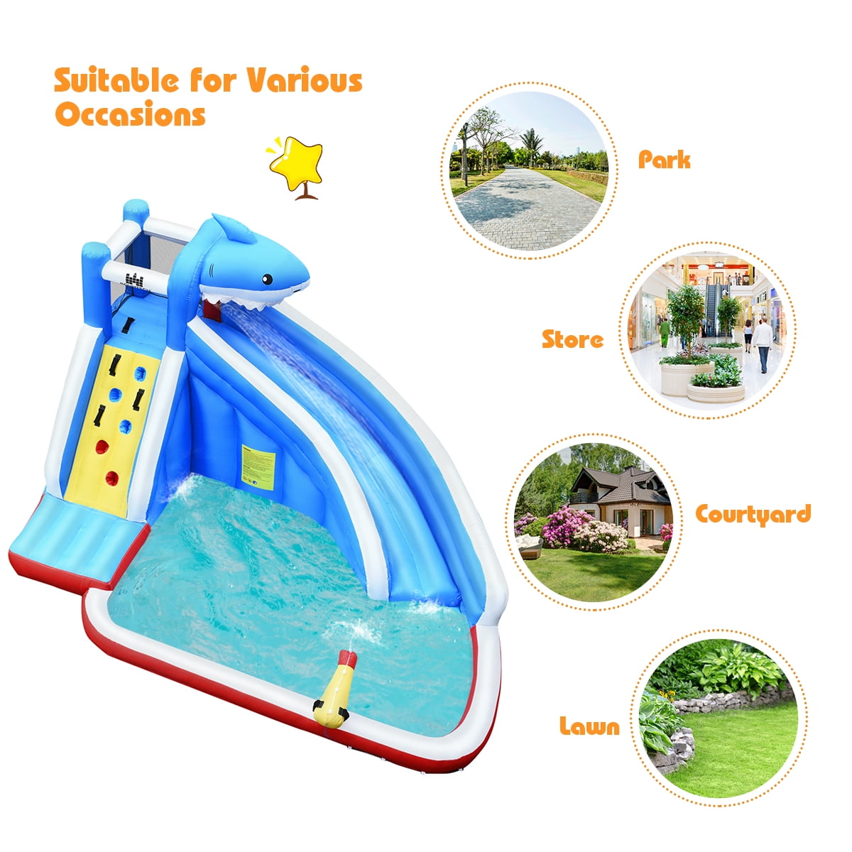 Infans Inflatable Water Slide shark Bounce House Castle Splash Water Pool W/750W Blower