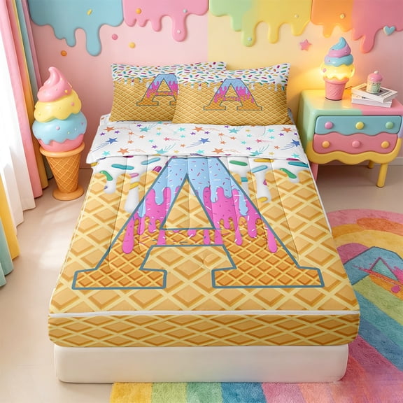 Catabedysis Waffle Pattern Zipper Twin Comforter Sets with Fitted Sheet and 2 Pillowcases For Boys,Colorful Personalized Monogrammed A Zipper Bedding Set,Colorful Stars Reversible,4 Pieces