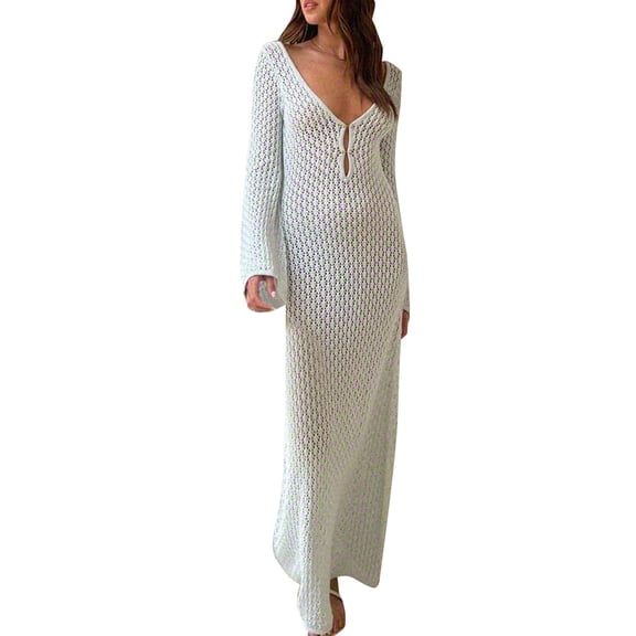JIAYUE Women's Swimsuit Cover-Ups Autumn Winter Beach Solid Color V Neck Long Sleeve Sexy Open Back Knitted Hollow Out Ankle Length Swimwear Cover Up Dresses