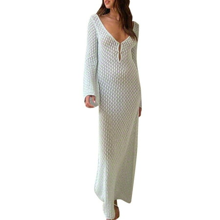 Women s Swimwears Cover-Ups Autumn And Winter New Beach Skirt Solid Color Sexy Open Back Knitted Hollow Out Dress Long Skirt Bikini Swimwear Cover Up Women Leisure Swimwear