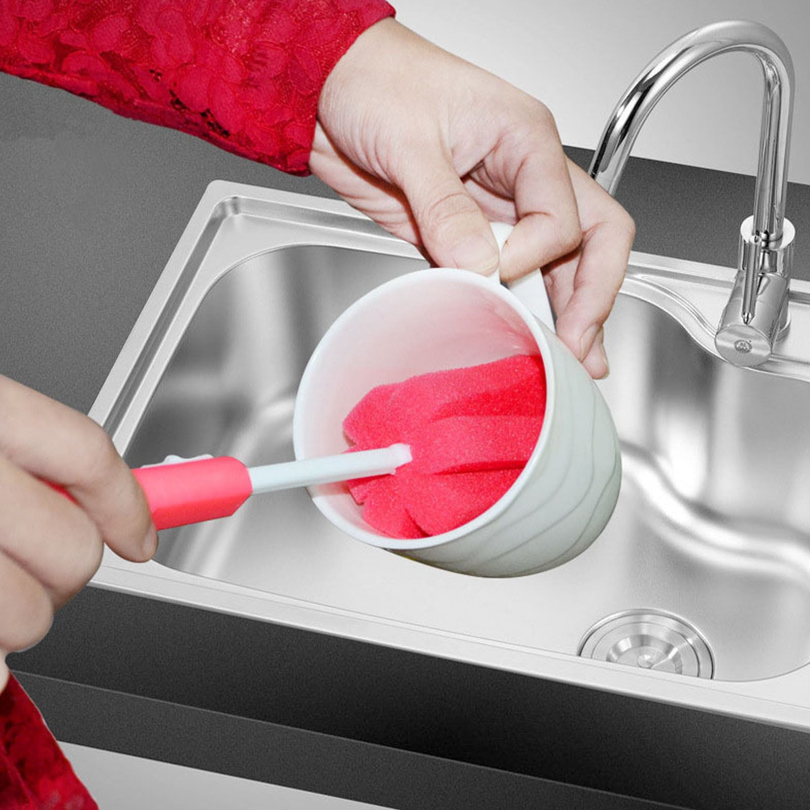 Sponge Cleaning Brush, Dishwashing Foam Sponge Brush with Adjustable Long Handle, Durable Bottle Scrubber Cleaning Brushes Soft for Bottle Glasses Mugs Cups Kitchen Cleaning, 6Pcs(Red,11.6x2")