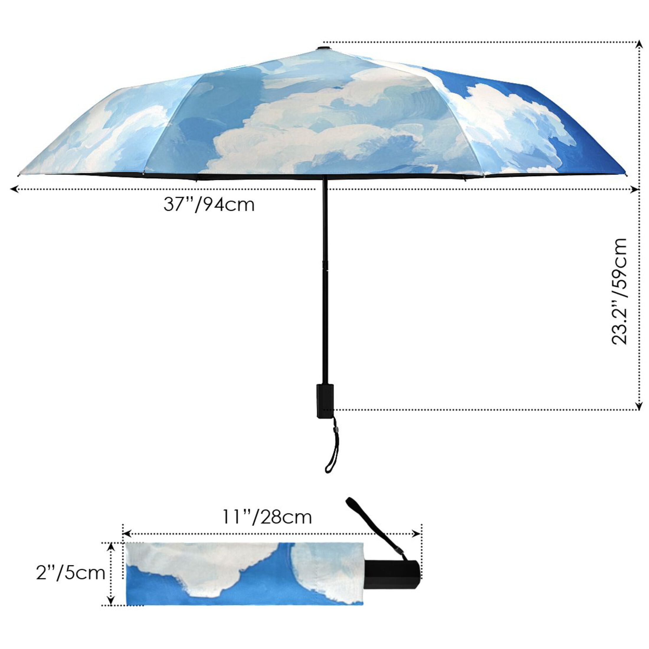Plane Sky White Clouds Oil Painting All Weather Umbrella Triple Folding Parasol 6 Ribs UV Protection Portable