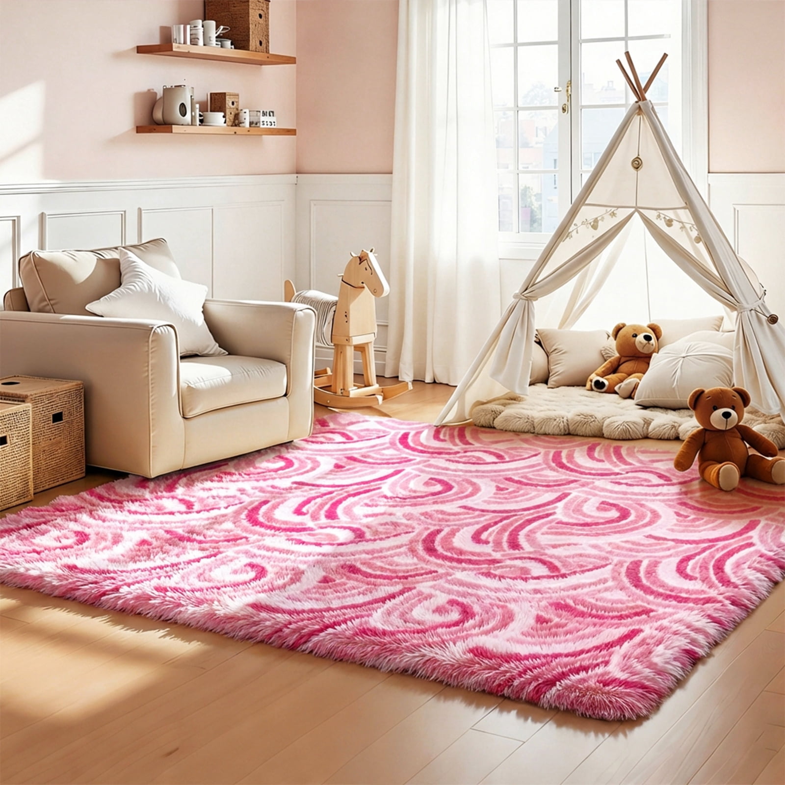 MeyJey 3'x 5' Shag Area Rug, Soft Fluffy Area Rugs for Kids Room Living Room Bedroom Decor Carpet, Pink