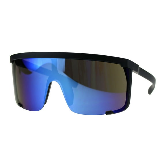 Oversize Flat Top Shield Exposed Lens Reflective Color Mirror Sunglasses Black Blue