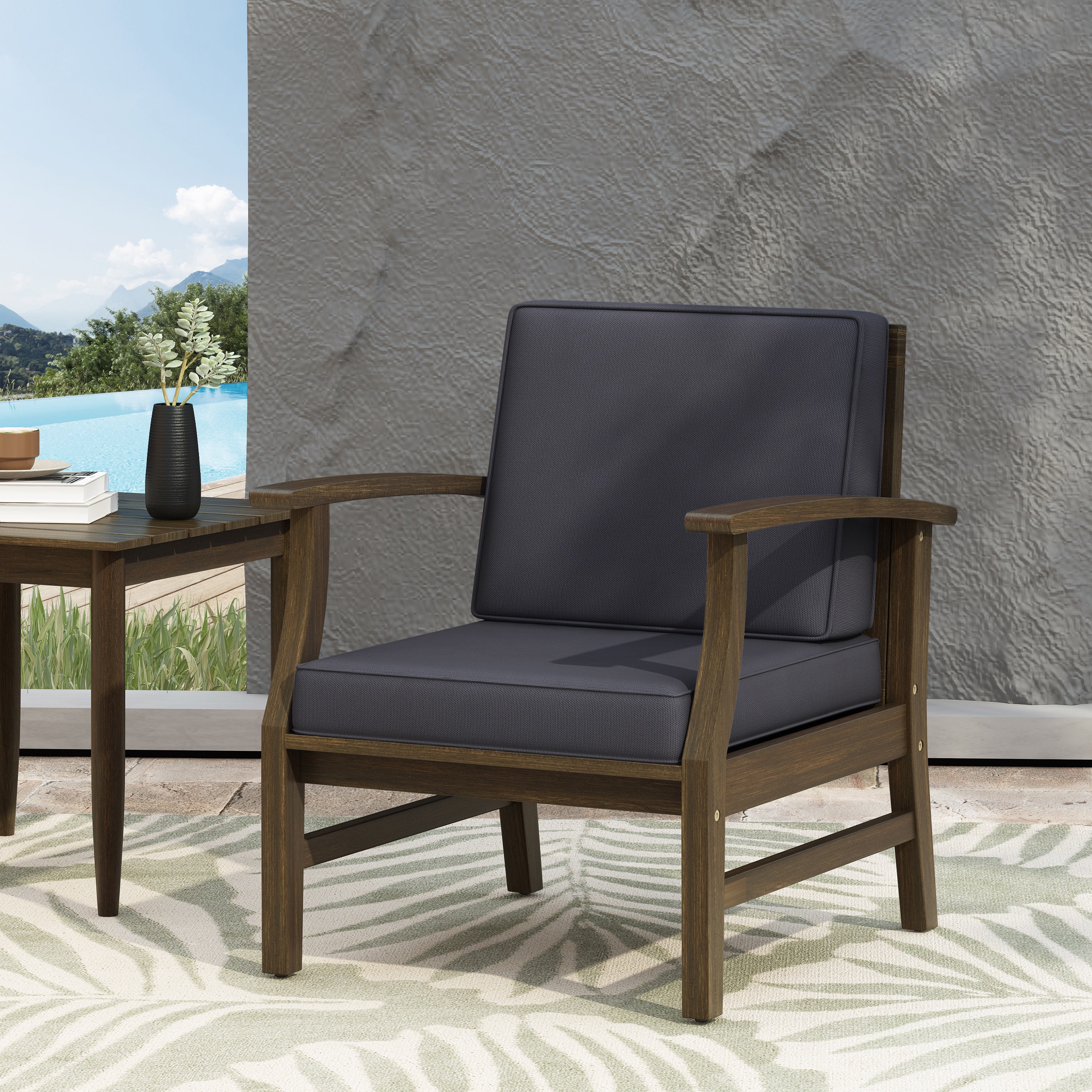 Outdoor Single Acacia Wood Club Chair, Comfort Leisure Seat for Patio Garden, Dark Gray