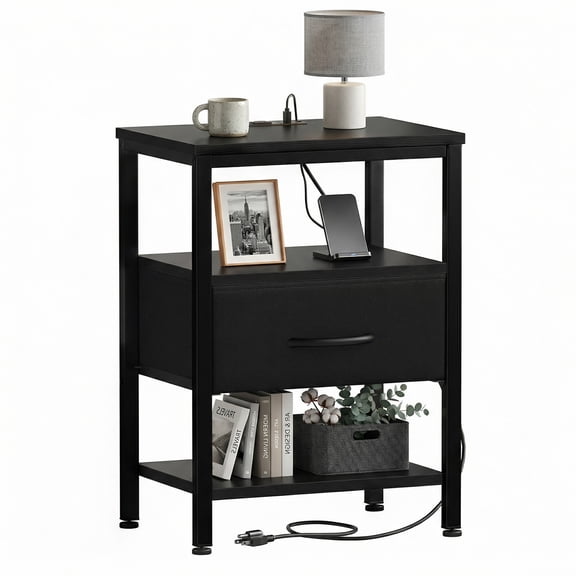 CONCETTA Small Night Stand with Charging Station, 1 Fabric Drawer, USB Ports and Outlets, Open Storage Shelf Bedside End Table for Bedroom, Black
