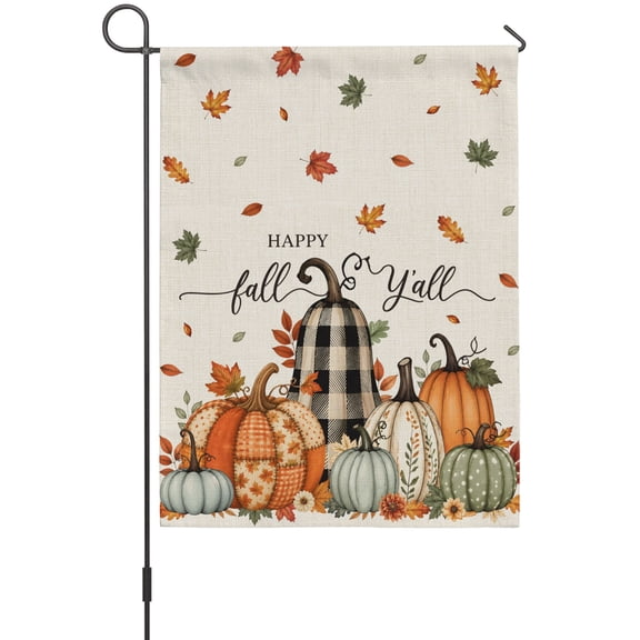 Happy Fall Yall Garden Flag 12 x 18 Inches, Rustic Linen Orange Plaid Pumpkins Leaf Floral Weather Proof Outdoor Patio Flags Double Sided Small Garden Decoration for Yard Outside Home