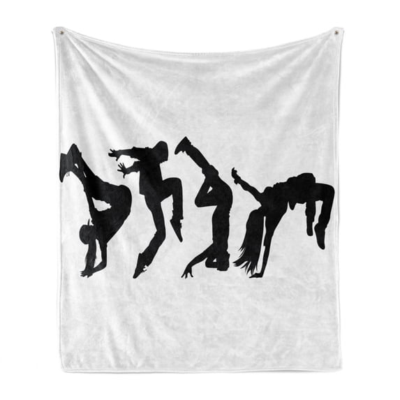 Hip Hop Soft Flannel Fleece Throw Blanket, Breakdancer Women Silhouettes Doing Hand Glide up and Floor Rocking Moves, Cozy Plush for Indoor and Outdoor Use, 50" x 60", Black and White, by Ambesonne