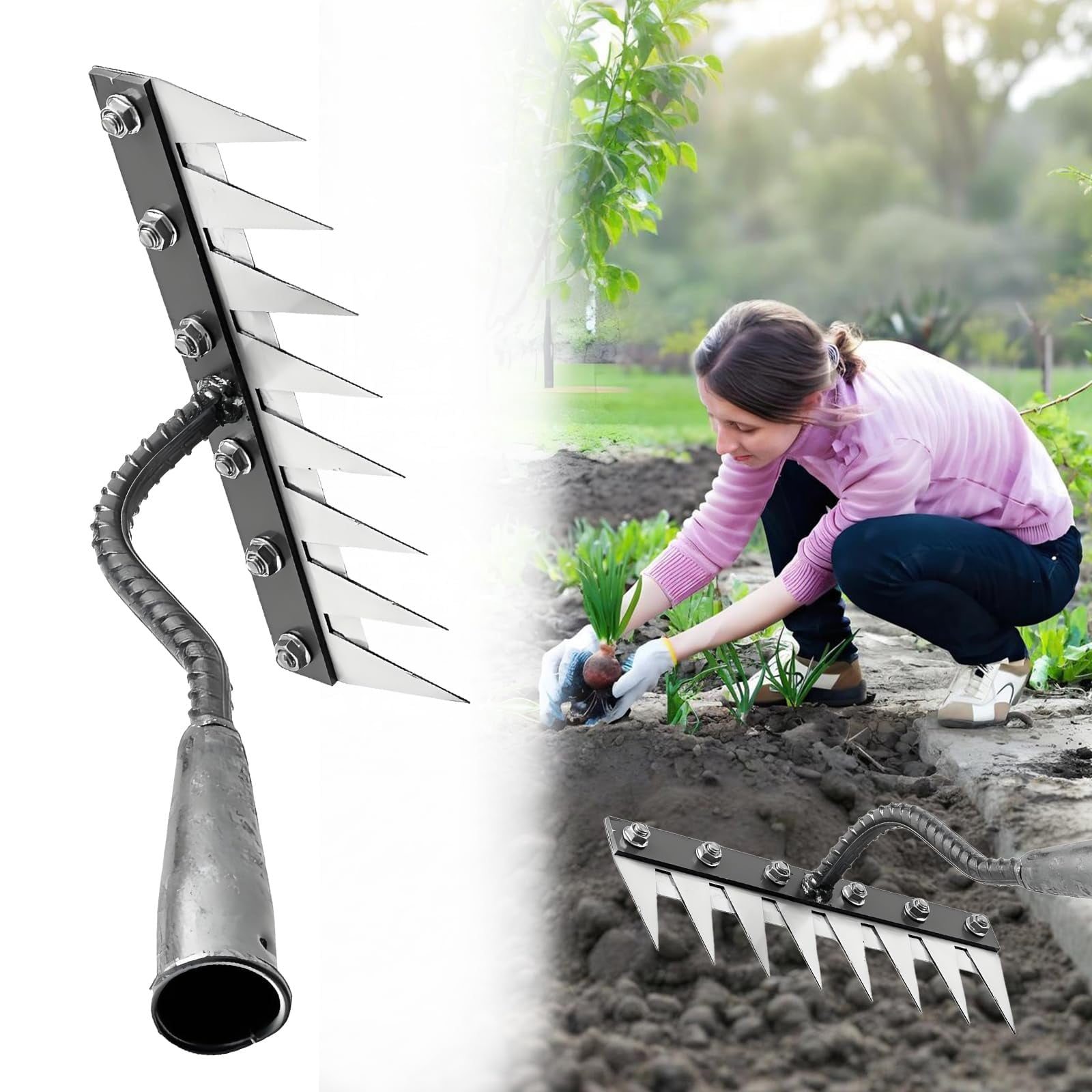 Teeth Carbon Steel Garden Weeding Rake, Detachable 7/8 Teeth Heavy Duty Tool for Yard Farm Lawn Weeding