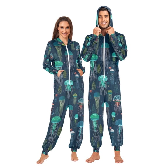 FORMRS Onesies Pajama for Adults Unisex Hoodie Winter Jumpsuit One Piece Sleepwear, Sizes S-2XL, Green Jellyfish Pattern