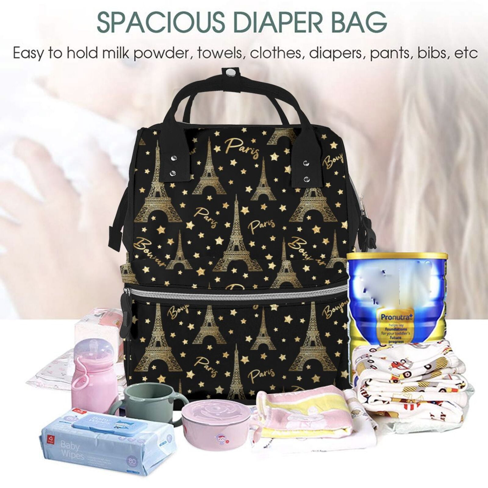 Fuzoiu Paris Romantic Print Diaper Bag Backpack,Baby Essentials Travel Tote,Multi function Waterproof Diaper Bag, Travel Essentials Baby Bag - Unisex