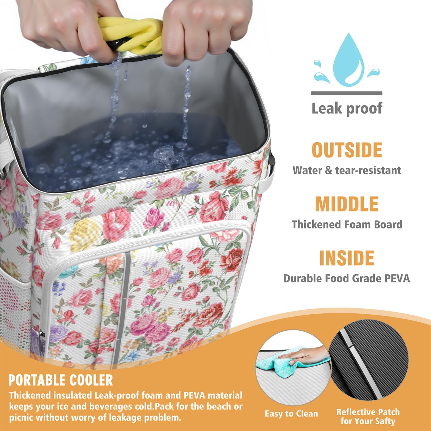 Travel Cooler Bag - Pioneer Flower Floral Print Pattern Camping Beer Cooler Backpack with Bottle Opener- Waterproof Insulated Picnic Backpacks - Cooler Bag for Beach