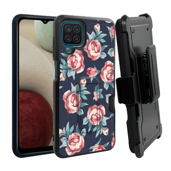 ANJ  Rugged Dual Layer Shockproof Holster Case w/Card Slot, Kickstand   Tempered Glass for Samsung Galaxy A12 - Passionate Roses