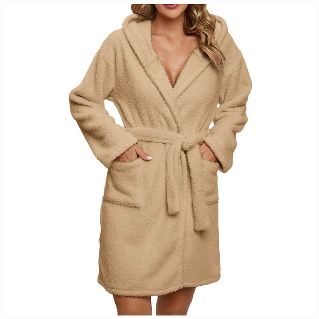 CAUYDY Bathrobes For Women Soft Long Fleece Robe Optional Hood With Practical Pockets For Chilling At Home(A01-Khaki,XL)