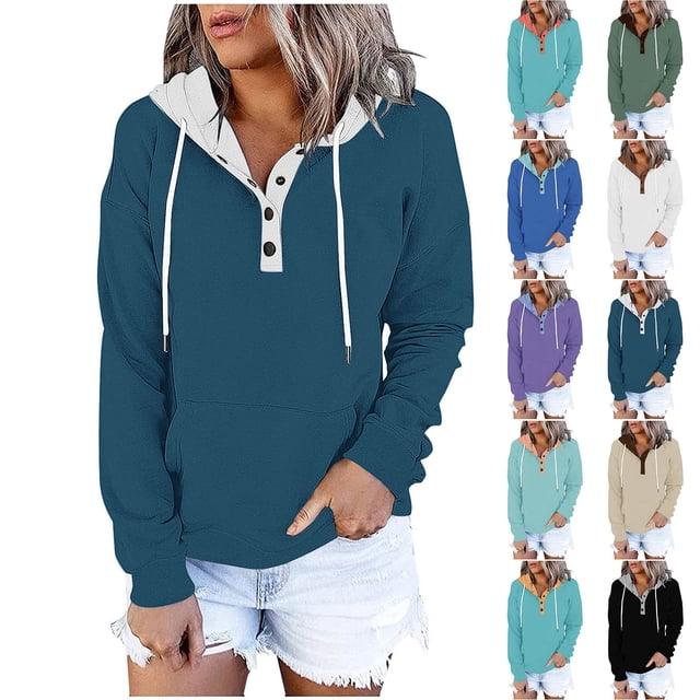 Camisas de encaje,Sudadera con capucha y botones en contraste para mujer, manga larga, poliéster, ropa informal para el hogar, sopatenor