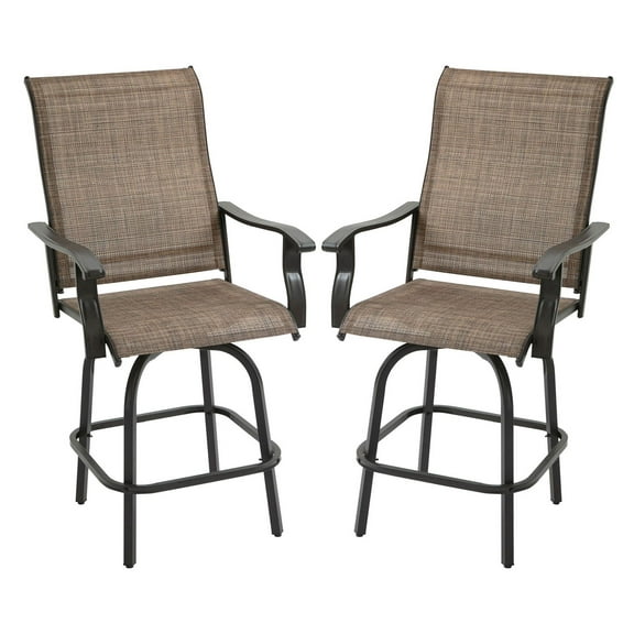 Patio Bar Stools Set of 2, Swivel Outdoor Bar Chairs with Armrests - Brown Steel Frame & Sling Fabric - 242lbs Capacity - Garden Deck Bistro Furniture