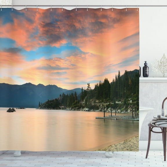 Ambesonne Lake Shower Curtain, Sunset at Lake Tahoe USA, 69"Wx75"L, Salmon Green Ivory