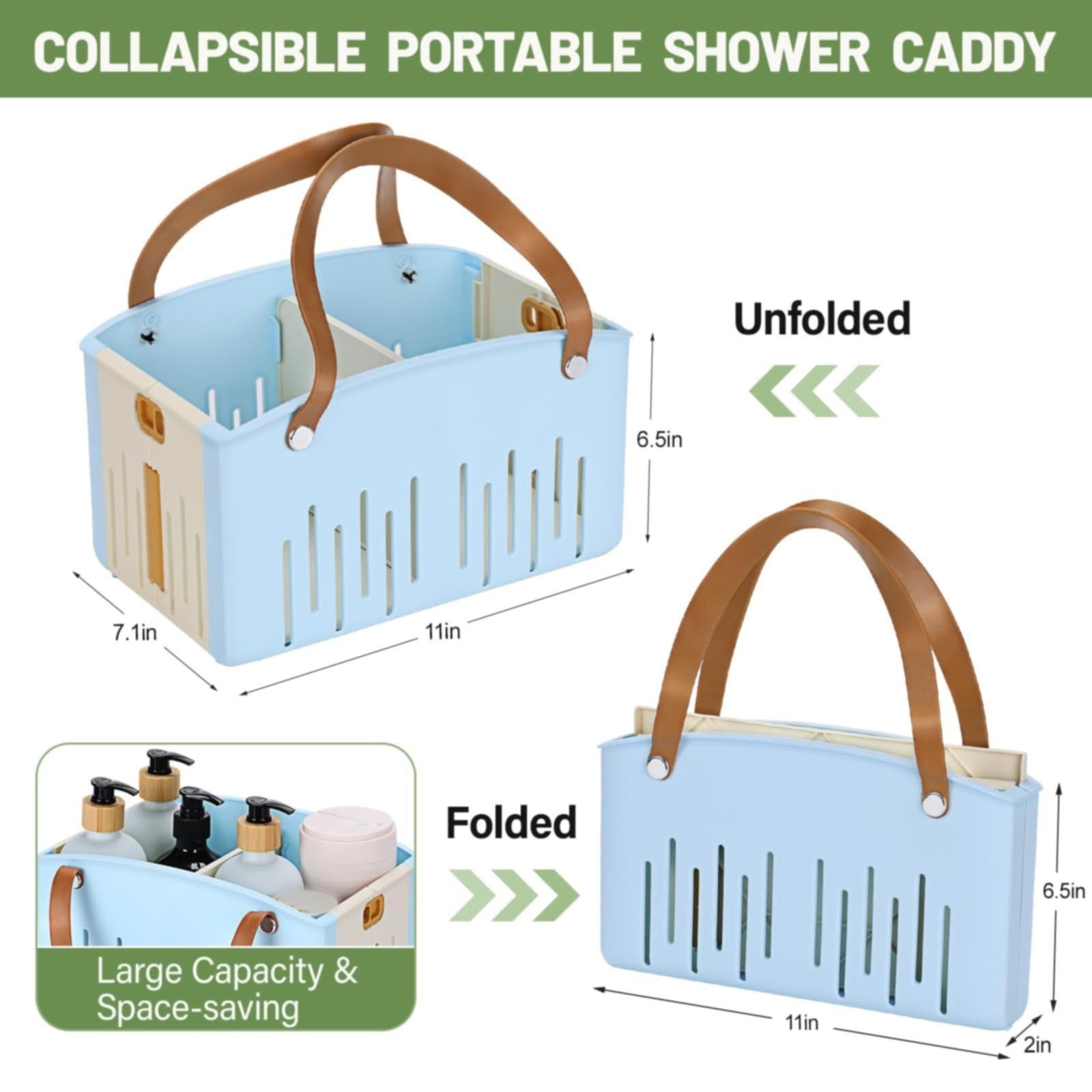 Portable Shower Caddy Basket, Plastic Collapsible Cleaning Organizer, Storage Tote with Handle, Removable Divider for College, Dorm Room, Camp, Gym, Dorm, Bathroom, 11.02x7.09x6.5"