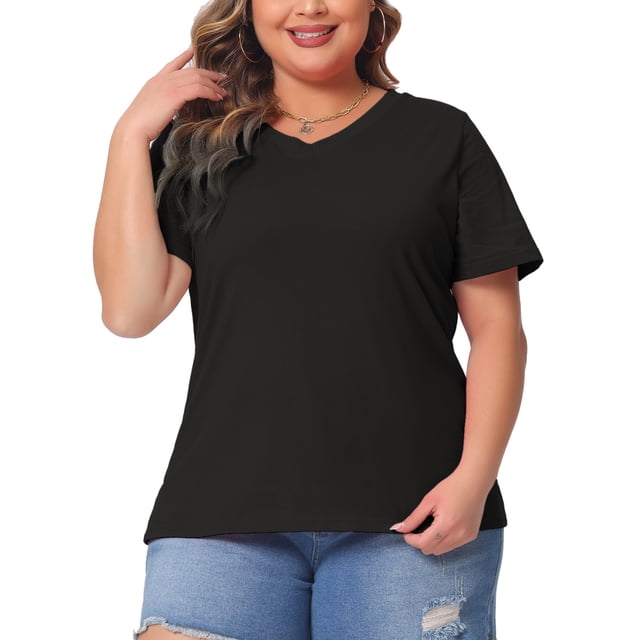 Camisetas de talla grande para mujeres Agnes Orinda, básicas, de cuello en V, de manga corta, 3X, negras