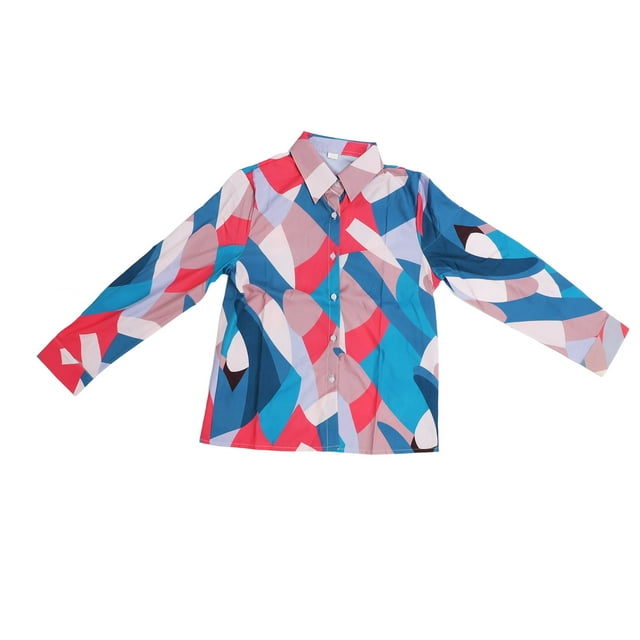 Blusa de bloque de color, holgada, ajustada, estampada, cuello vuelto, abotonada, manga larga, camisa de bloque de color para mujer, colorida, L