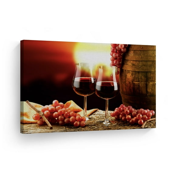 Smile Art Design Still Life Glass of Red Wine and Grapes Kitchen Canvas Wall Art Print Restaurant Cafe Bar Pub Man Cave Dining Room Farmhouse Decor Modern Housewarming Gift Ready to Hang 19x28