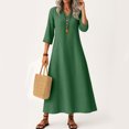 thumbnail image 2 of Robe Tailleur pour Femme Robe pour Femmes Longue Robe Bohème de Plage Élégante Robe Maxi Robe à Col en V Robe à Manches 3/4 Vert Foncé m, 2 of 5