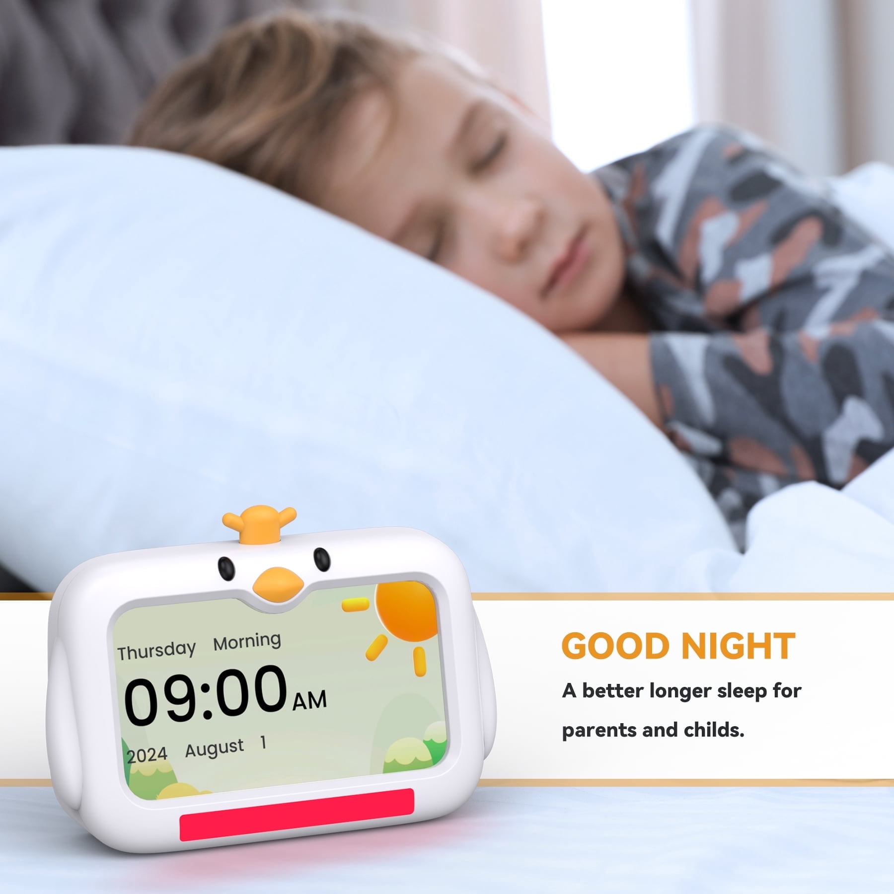 Mitoart Kids Alarm Clock - OK to Wake Clock for Toddlers,7 inch Sleep Training Clocks with Red/Green Lights, 8 Natural Sounds & 2 Levels Educational Alarm Clock for Kids.