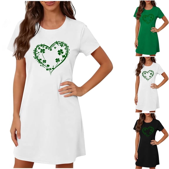 Sakmal St Patrick's Day Moomoo Womens Nightgowns Short Sleeve Lightweight Nightwear Short Shamrock Print Irish St Paddys Day Ladies Nightgown L