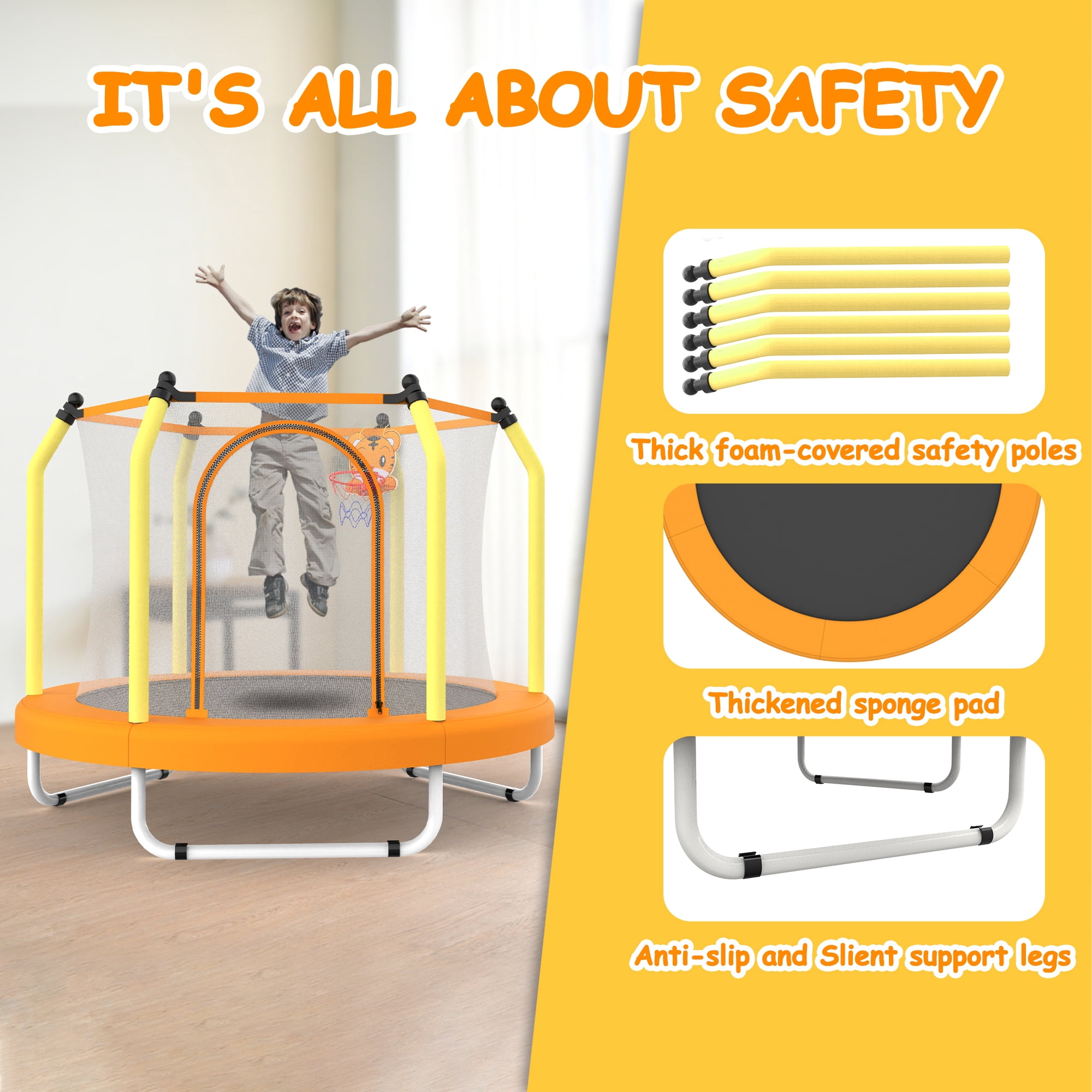 Leumius 55inch Trampoline for Kids, Outdoor Mini Trampoline with Enclosure and Basketball Hoop, Yellow