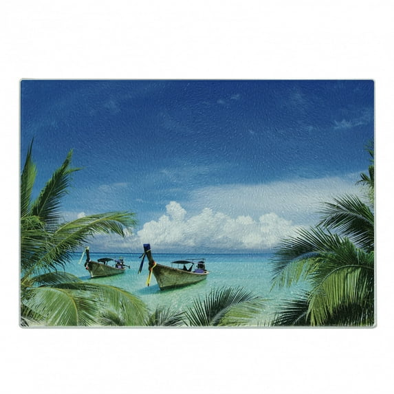 Travel Cutting Board, Exotic Hawaiian Beach with Palm Trees and Fishing Boats Paradise Picture, Decorative Tempered Glass Cutting and Serving Board, Small Size, Blue Green Turquoise, by Ambesonne
