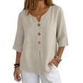 thumbnail image 2 of Women's 3/4 Sleeve Crew Neck T-Shirt, Casual Solid Color Elbow Length Sleeve Top, Soft Stretch Lightweight Basic Pullover Tee for Daily Layering 02-Beige XXL, 2 of 5