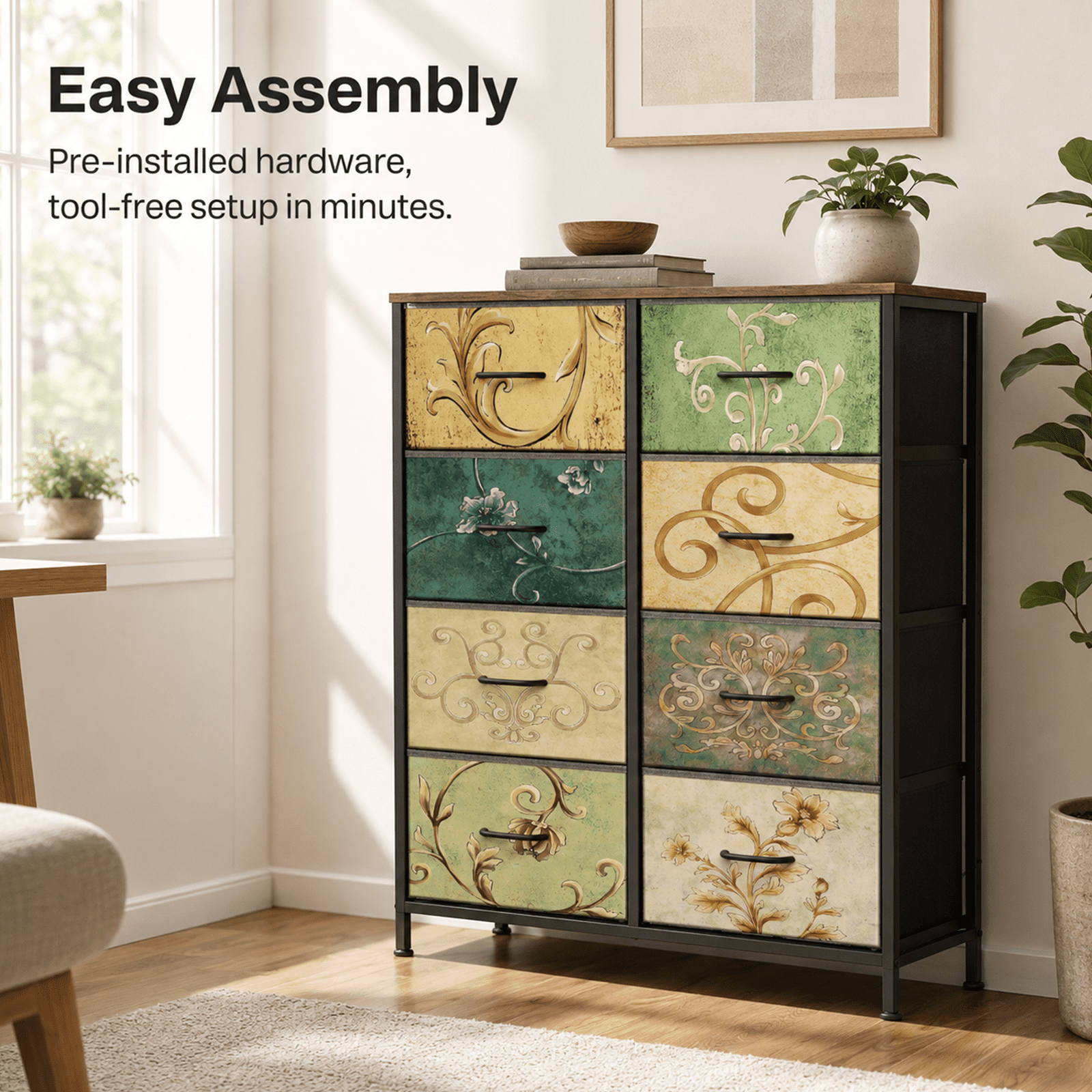 Alvantor 4/5/7/8/9-Drawer Dresser, Fabric Storage Tower for Bedroom, Hallway, Entryway, Closet, Tall Chest Organizer Unit with Fabric Bins, Steel Frame, Wood Top, Easy Pull Handle, Floral Painted