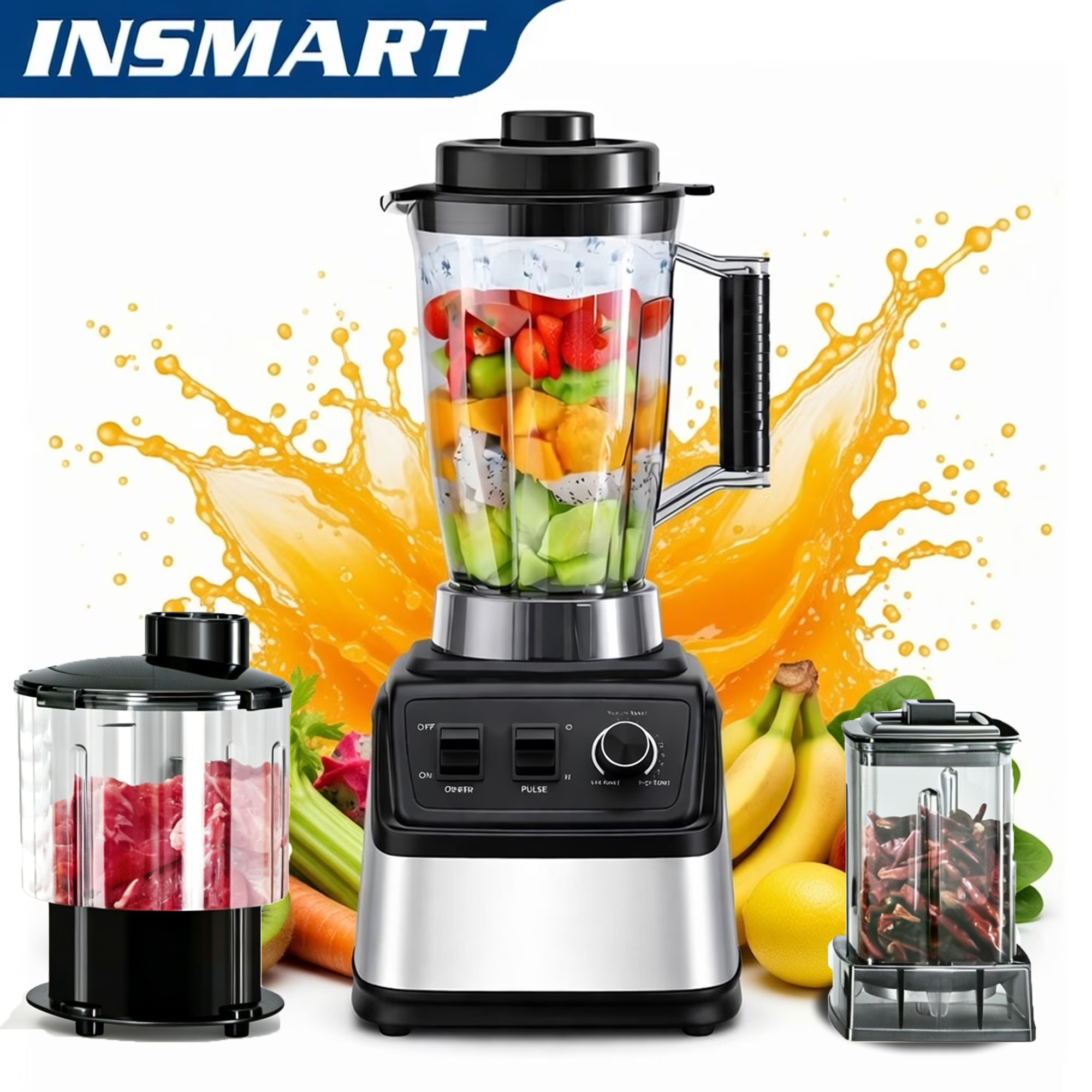 INSMART Food Processor Blender Combo,100oz Professional Kitchen System Blender, 9500W Motor, 15 Speed Adjustable, Multi-Function Electric Blender/Grinder/Chopper for Smoothies, Juice, Crush Ice