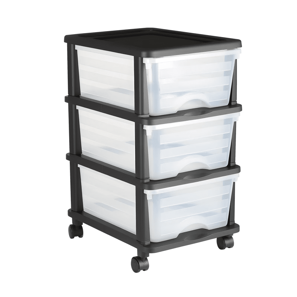 FENGFAN 50L 3 Drawer Rolling Storage Cart Clear Plastic Removable Wheel Mobile Organizer Cart for Office Craft Bedroom Kitchen 1 Pack