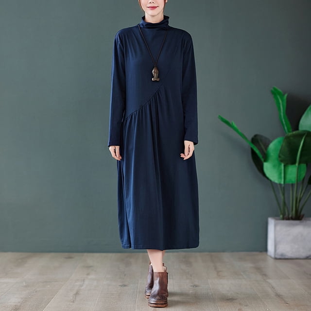 Vestido de cuello alto medio suelto de punto de talla grande artístico de otoño e invierno para mujeres gorditas